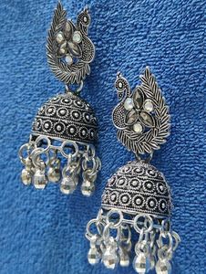 Silver Peacock Jhumka Earrings