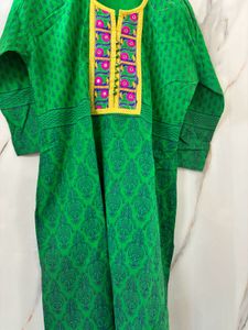 Bottle Green Kurti With Yellow Embroidery