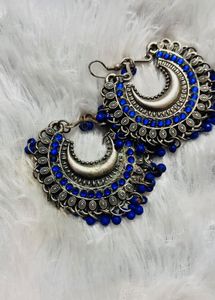 Blue Beaded Crescent Earrings