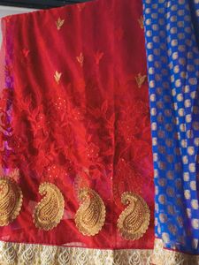 Net Saree.... In Two Colour Mix.. Red &amp; Blue ..