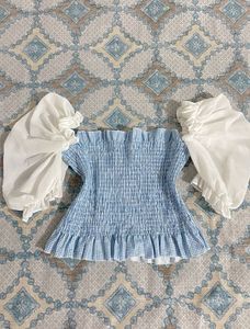 Blue Smocked Off-Shoulder Top
