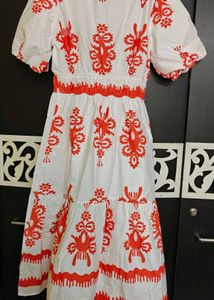 Cotton Midi Dress White With Orange Print