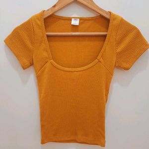 SSS' Yellow Ribbed Square Neck Top