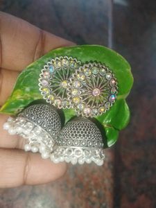 Silver Jhumka Earrings & Brooch Set