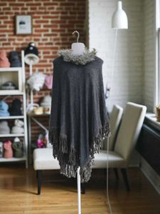 Unisex ⚫Fringed Poncho with Faux Fur Collar