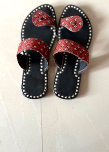 Black Jaipuri Kolhapuri Chappals with Red Block Pr