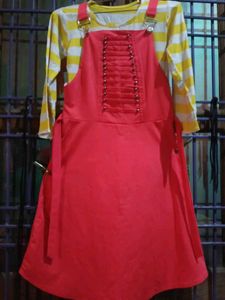 Red Jumper Dress with Striped Top