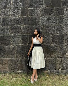 Chic Ivory Midi Dress with Black Sash