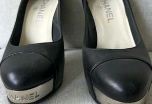 CHANEL BLACR SILVER COTED HEEL