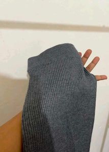 Grey Ribbed Knit Midi Skirt with slit