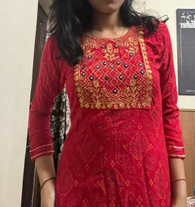 Red & Gold Embroidered Kurti