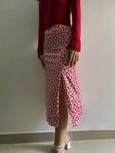 Red A Line Slit Skirt