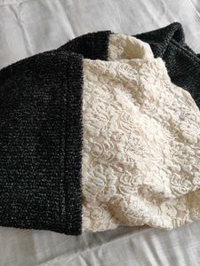 Gray Knit Sweater with Lace Trim