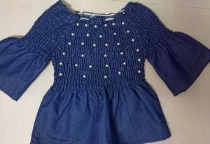 Elegant Denim Pearl Top