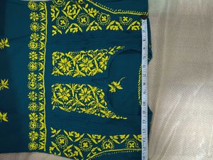 Green Chikankari Kurti With Yellow Thread work