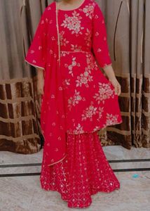 Hot pink Embroidered Kurta sharara set
