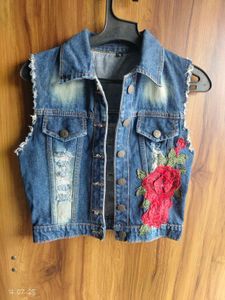 Denim Vest with Floral Embroidery