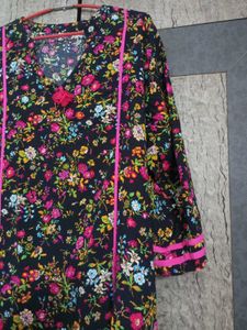 Floral Print Pink&amp;Black Kurta Set