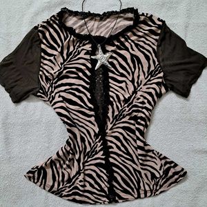 Y2k Vintage Zebra Print Top with Lace Details