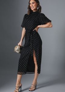 Metallic Polkadot Puff Sleeve Midi Dress