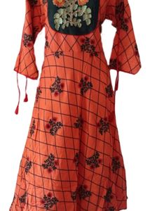 Women Embroidered Ankle Length Kurta, Orange