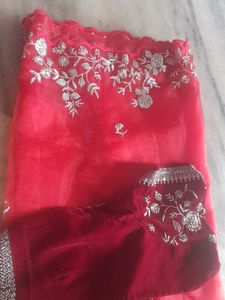 Red Organze Embroidery Saree With Velvet Blowse