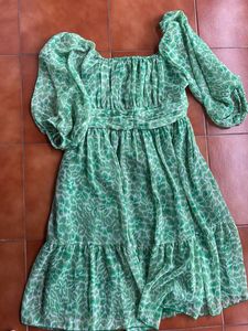 Green Sheer Puff Sleeve Dress