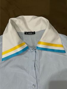 Shein Blue Striped Collar Blouse