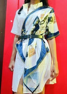 Unique White Shirt Dress with Scarf Detail