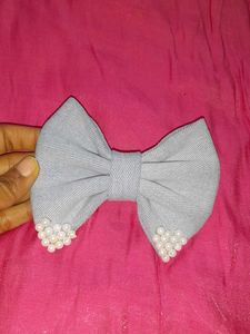 Denim Hair Bow with Pearl Accents