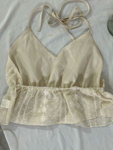 Backless Floral Embroidered Tie Halter Top