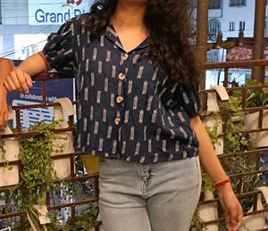 Blue Patterned Button Up Puff Sleeve Top