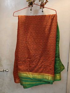 Orange Silk Green Asthetic Pallu Printed Saree