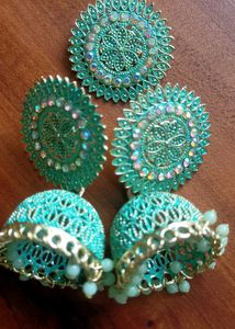 Turquoise Fancy Earrings With Maangtika For Parties