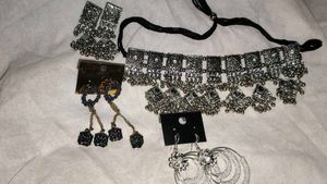 Choker Necklace and Earings Set + 2 Pair Jhumkas