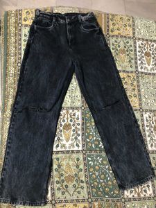 High Waist Knee Ribbed Black Wide Leg Denim