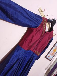 Soft Silk Maroon With Blue Long Maxi Dress
