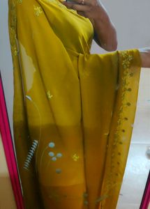 Sale 🌟🌟 bollywood OLIVE GREEN pure chiffon saree with embroidery work with readymade blouse, size : 36 | supersoft