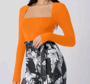 Orange Square Neck Long Sleeve Top