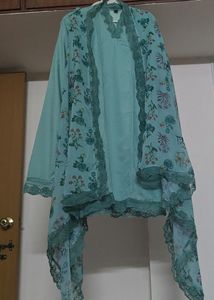 Floral Lace Trim Kurta With Dupatta Set
