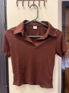 Brown Ribbed Crop Top