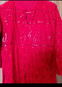 Red Chickenkari Work Kurta Set