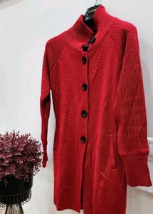 Red Knit Button-Down Cardigan