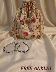 Floral Embroidered Potli Bag free anklet