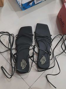 Black Lace Up Flat Sandals