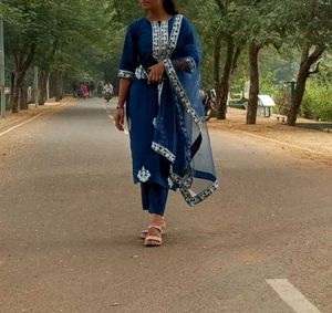 Teal Blue &amp; Motifs Embroidery Kurti Pant Dupatta