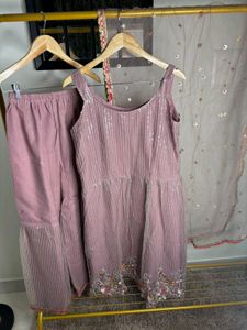 Mauve Embellished 3-Piece Flowy Sharara Set