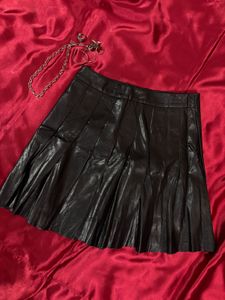 Pleated Black Leather Skirt