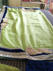 Pista And Blue Color Velvet Touch Saree