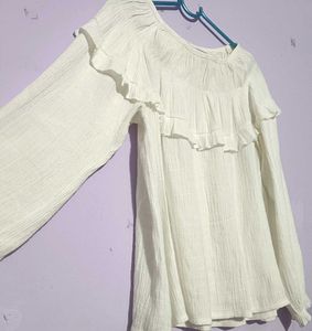 White Ruffle Long Sleeve Top